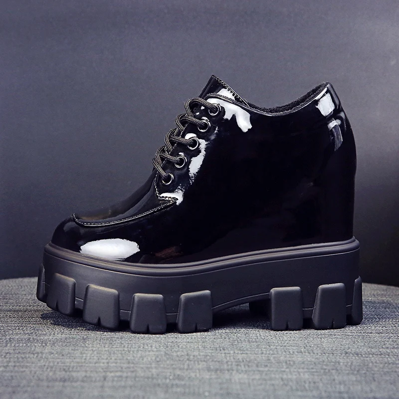 

Womens Round Toe Patent Platform Ankle Boots Fleece Liner Warm Winter Thicken Lace Up Wedge Super High Heel 12CM Shoes 2Colors