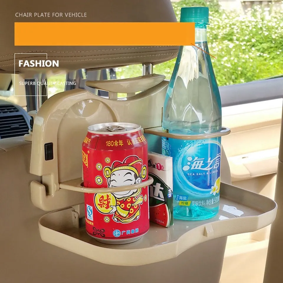 

Beige Foldable Car Seat Back Mounted Beverage Food Drink Cup Bottle Stand Dining Tray Table Holder Pad HJ-3