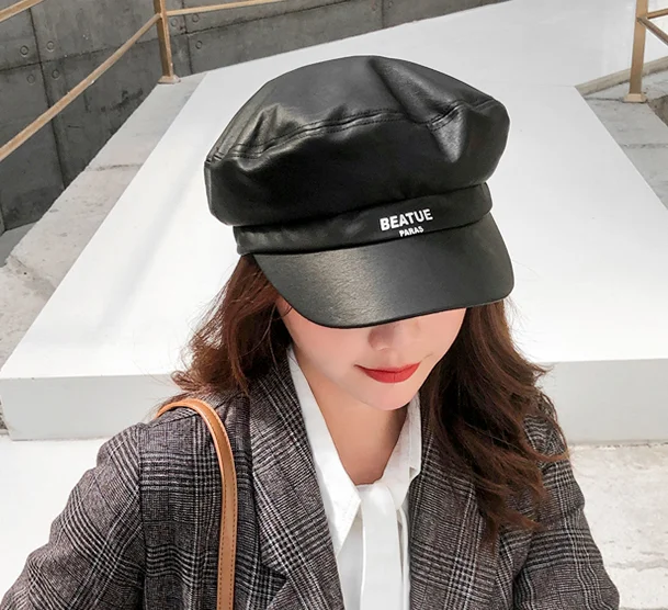 Корейская версия тренда моды искусственная кожа восьмиугольная шляпа дикая Англия Ретро берет Повседневная Уличная дорожная Мода - Цвет: black