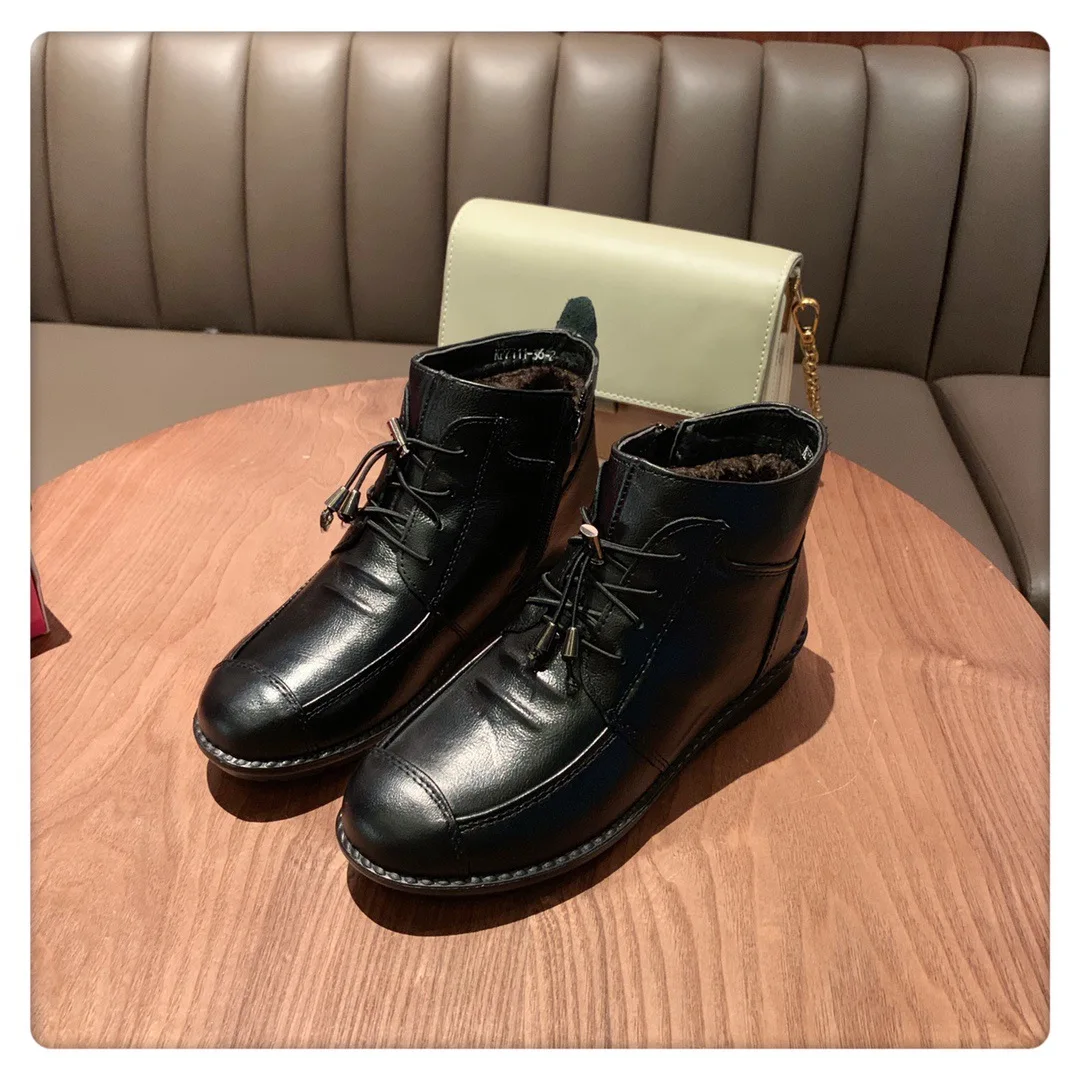 

New Style Genuine Leather Mom Cotton Boots plus Velvet Side Zipper Lazy Short Boots Middle-aged Anti-slip Flat Cotton-padded Sho