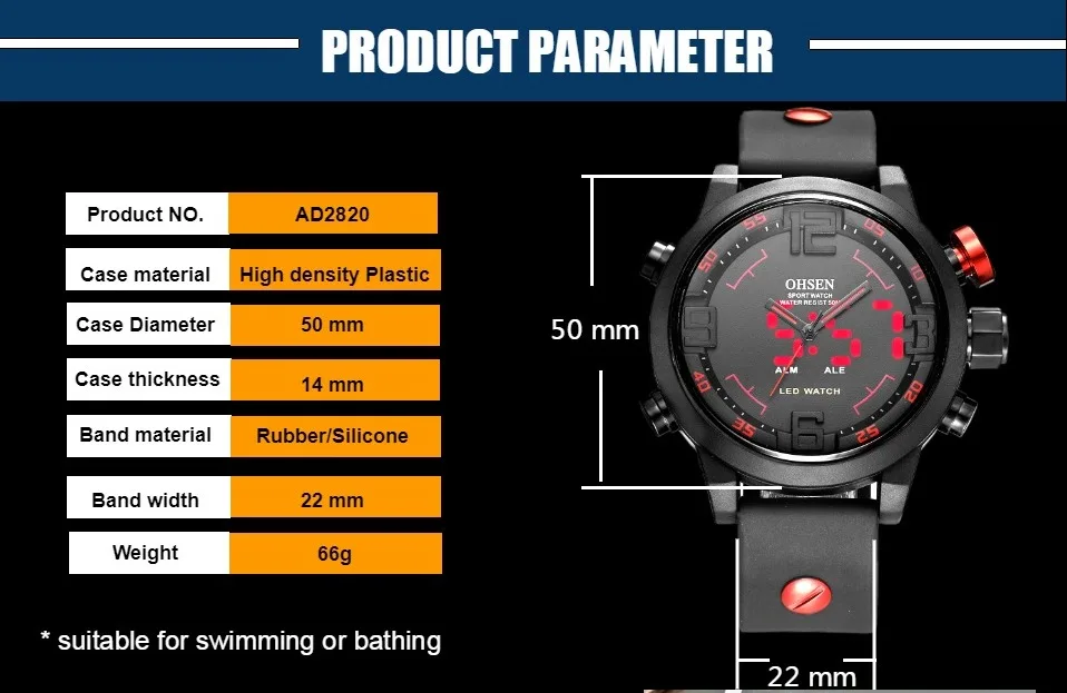 Оригинальные Мужские Цифровые кварцевые часы OHSEN с ЖК дисплеем и датой на 50 м