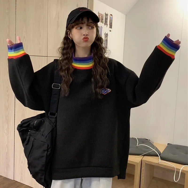 

Spring Black Sweatshirt Women Rainbow Striped Print Sweatshirts Lady Casual Turtleneck Long Sleeve Pullover