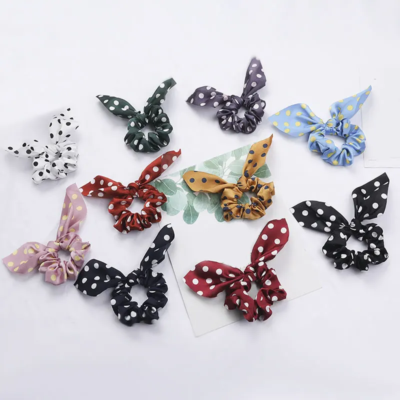 Best New Korean Dot Print Women Hair Scrunchies Bows Ponytail Holder Hairband Bunny Ear Scrunchie Girls Hair Ties Hair Accessories