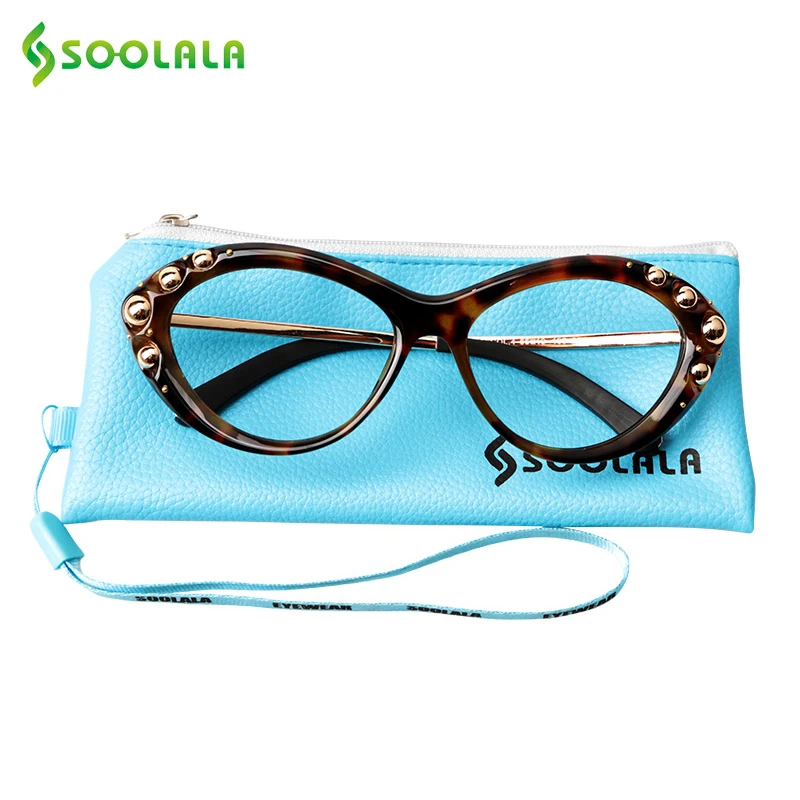 

SOOLALA Cat Eye Presbyopia Eyeglasses Frame Women Clear Lens Designer Gold Beads Optical Frames Gaming Computer Glasses