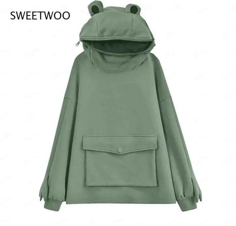 2021 New Chic Plus Velvet Sweater Women's Mid-Length Design Super Cute Frog Hooded Lazy Coat Jacket