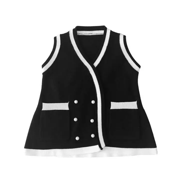 Autumn girls fashion knitting waistcoats Korean style black white color matching sleeveless vests - Color: Black