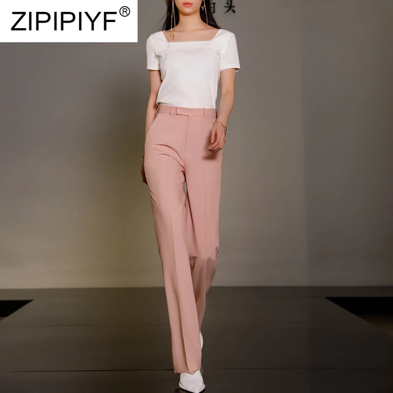 Women Suit Pants Straight Elastic High Waist Solid White Office Lady