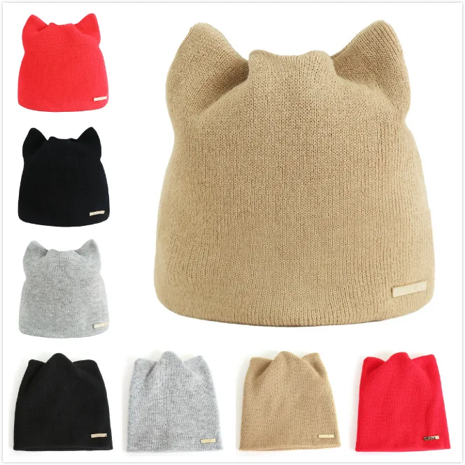 

Women Cute Knit Beanie Hat With Cat Ears Autumn Winter Warm Korean Style Sweet Soft Cotton Caps Fashion Outdoor Kawaii Bonnet