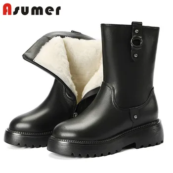

Asumer 2021 casual genuine leather shoes women ankle boots top quality comfortable flat shoes warm winter wool snow boots woman