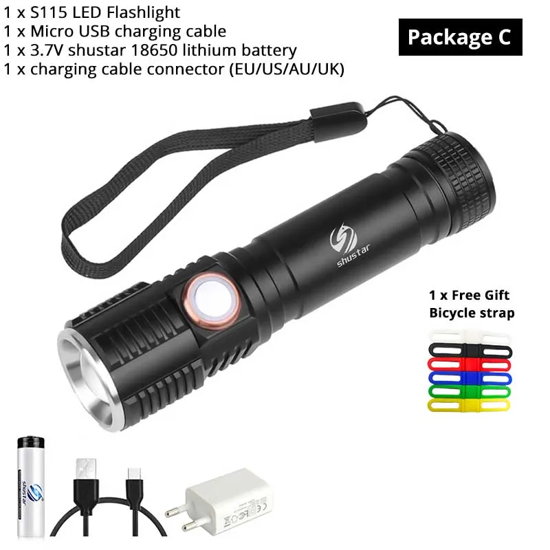 Package C Супер яркий XP-L V6 светодиодный фонарик с сенсорной кнопкой водонепроницаемый фонарь 3 режима освещения телескопический зум кемпинг свет S115 - Испускаемый цвет: Package C