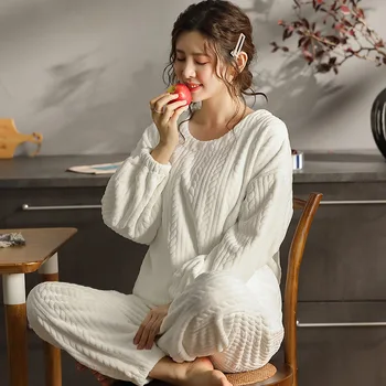 

2Pcs Pajama Set Women Flannel Sleepwear Solid Round Neck Hedging Pyjamas Thick Warm Comfort Leisure Homewear Winter Pijama Mujer