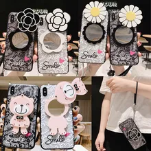 Lace Flower Makeup Mirror Phone Case For Samsung Galaxy S8 S9 S10 Lite S7 S6 Edge Plus C5 C7 C9 Note 8 9 With Lanyard Back Cover