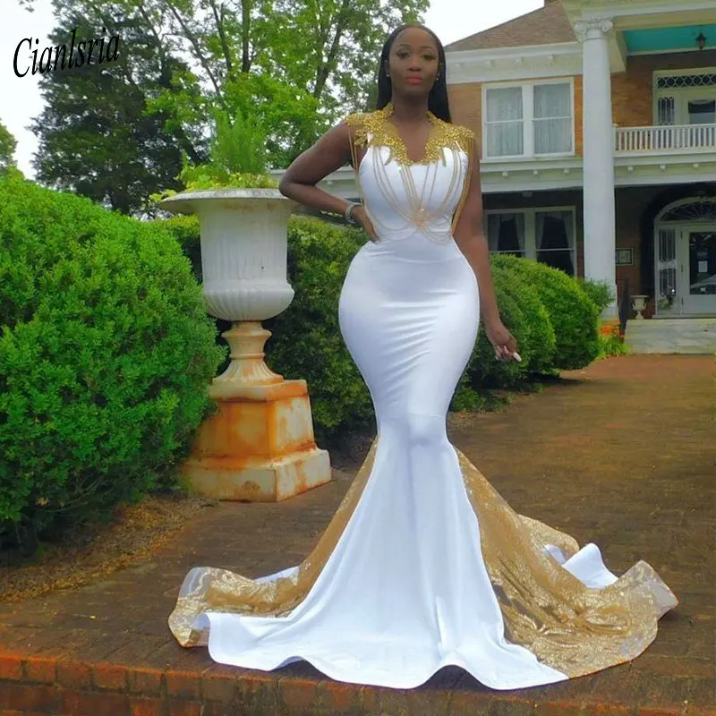 White Cap Sleeve African Nigerian Mermaid Formal Evening Dress With Gold  Appliques Beading High Neck Evening Party Dresses - Evening Dresses -  AliExpress