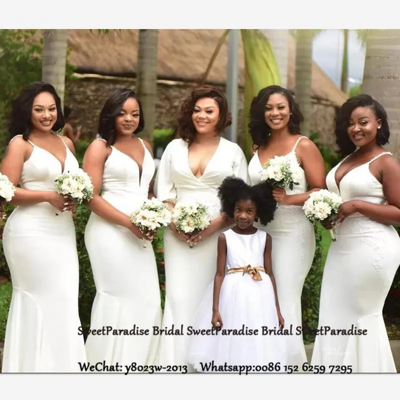 White Mermaid Bridesmaid Dresses With Appliques African Women Sexy Spaghetti Strap Long Formal Wedding Guest Dress Party Gown