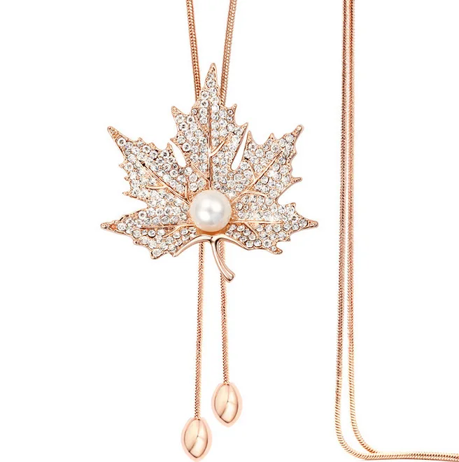 Accessories Necklace Decorations Autumn And Winter Full of Crystals Maple Leaf Pearl Clothes Pendants Long Sweater Chain Wholesa