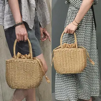 

Summer Hot Selling Women Beige Brown Woven Rattan Handbag Straw Purse Wicker Beach Daily Casual Bag Picnic Bags