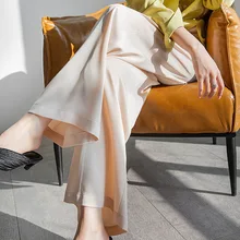 

Women Korean Style Casual Solid Color Pants Silky High Waist Wide Leg Pants Female Loose Long Trousers with Pockets and Zipper