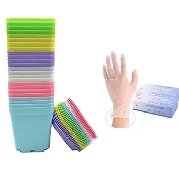 

100 Pcs Protective Gloves Disposable S & 30x 3Inch Multi Color Square Plastic Plant Pots