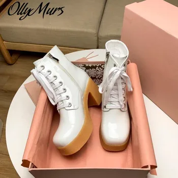 

Prowow Genuine Leather Round Toe Lace Up Platform Boots Thick Heel Cute Winter Boots Women Thick Heel Boots Ankle Boots