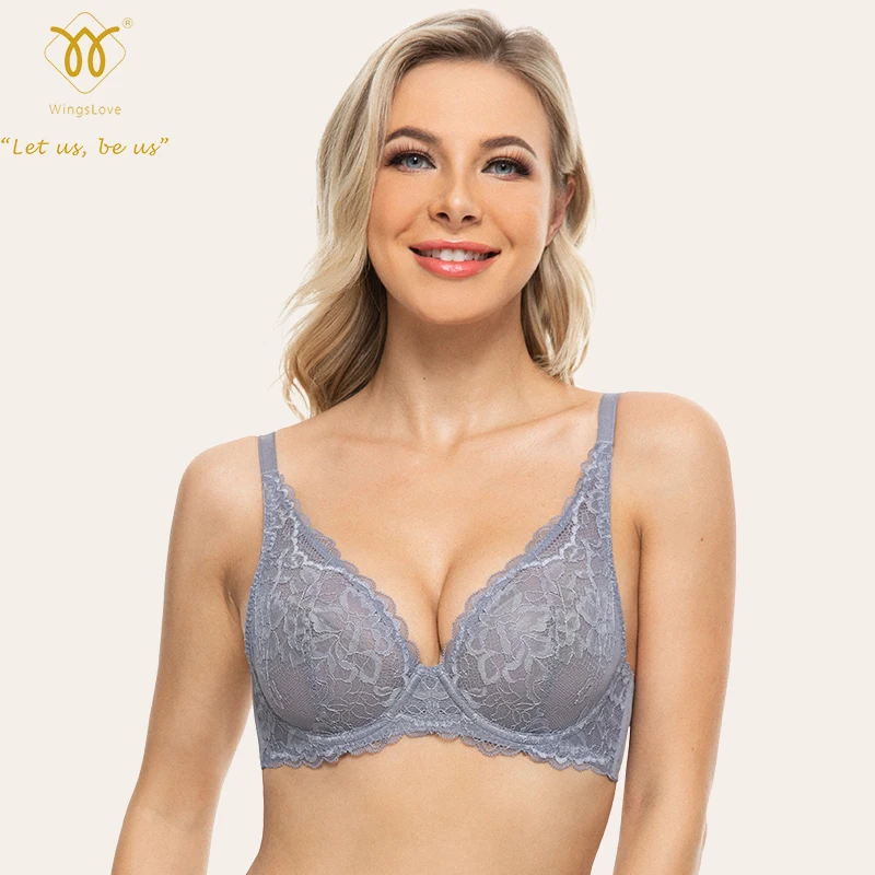 

Wingslove Sexy Women Lingerie Underwire Low-Cut BraTop Deep V Neck Non-Padded Lace Brassiere Underwear