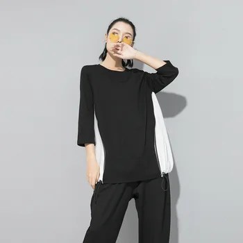 

Women's Summer T Shirt Splicing Elastic Color patchwork Round Neck Long Sleeve Female T Shirt with drawstring New arrivals Z2