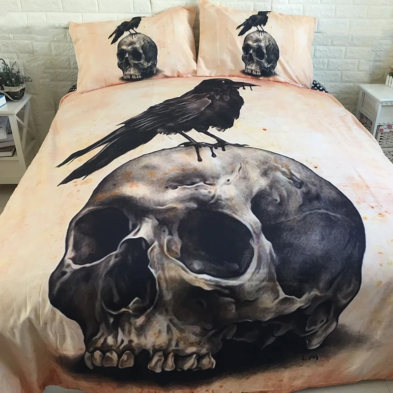 

3D Skull Bedding Set Queen Size Bird Skull Bed Linen Duvet Cover with Pillowcase twin King Size brown color 3pcs