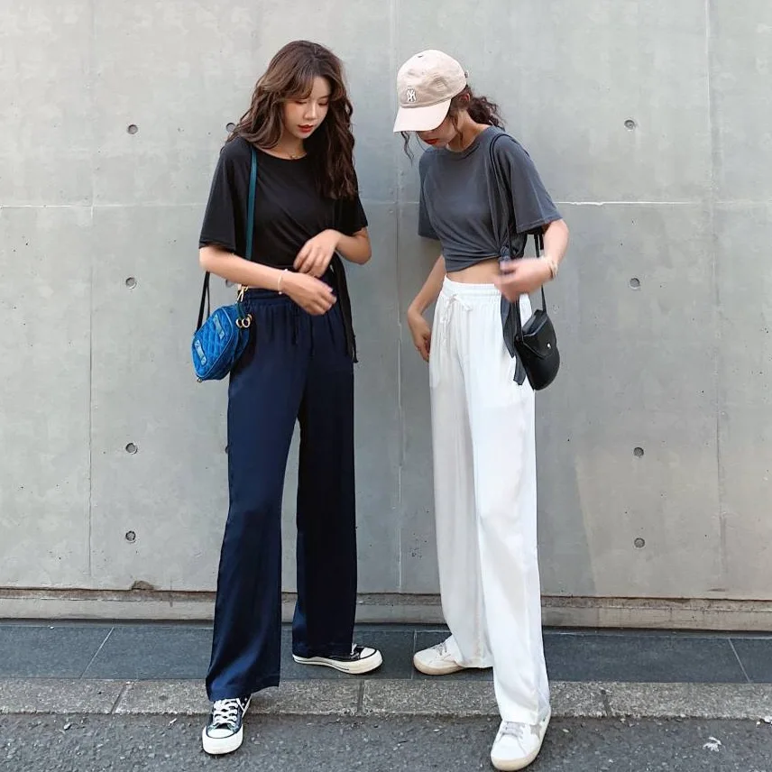 

Photo Shoot Elegant White High-waisted Sweeping Drape Big Long Loose Pants Gray Round-collar Irregular T-shirt WOMEN'S Suit