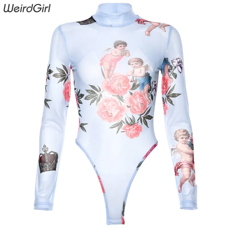 Weirdgirl, женские боди с принтом, сетчатые, элегантные, сексуальные, обтягивающие, тянущиеся, женский комбинезон с длинными рукавами, водолазка, для фитнеса, осень - Цвет: Синий