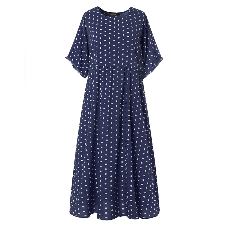 Dark Blue Женский летний сарафан ZANZEA, богемное Повседневное платье макси в горошек с круглым вырезом, длинное женское Плиссированное Платье, Femme - Цвет: Dark Blue
