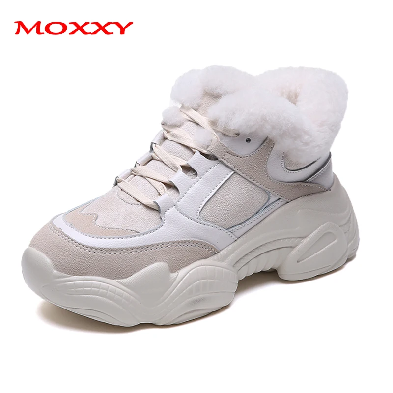 New Thick Sole Women's Winter Sneakers With Fur Sneakers Warm Plush Chunky Sneakers Platform Ladies Snow Boots Shoes Woman - Цвет: Beige