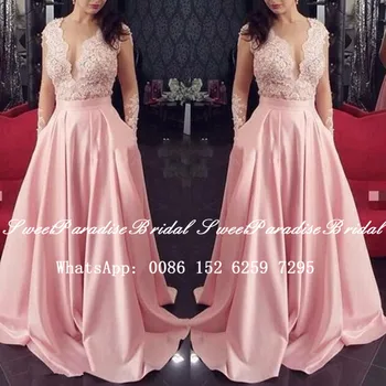 

2020 Pink Lace Prom Dresses Graduation Sheer Long Sleeves Deep V Neck Appliques A Line Evening Dress For Women Vestido De Festa