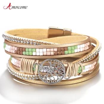 

Amorcome Tree of Life Leather Bracelets for Women Fashion 2020 Multilayer Bohemia Wide Charm Bracelets & Bangles Jewelry Gift