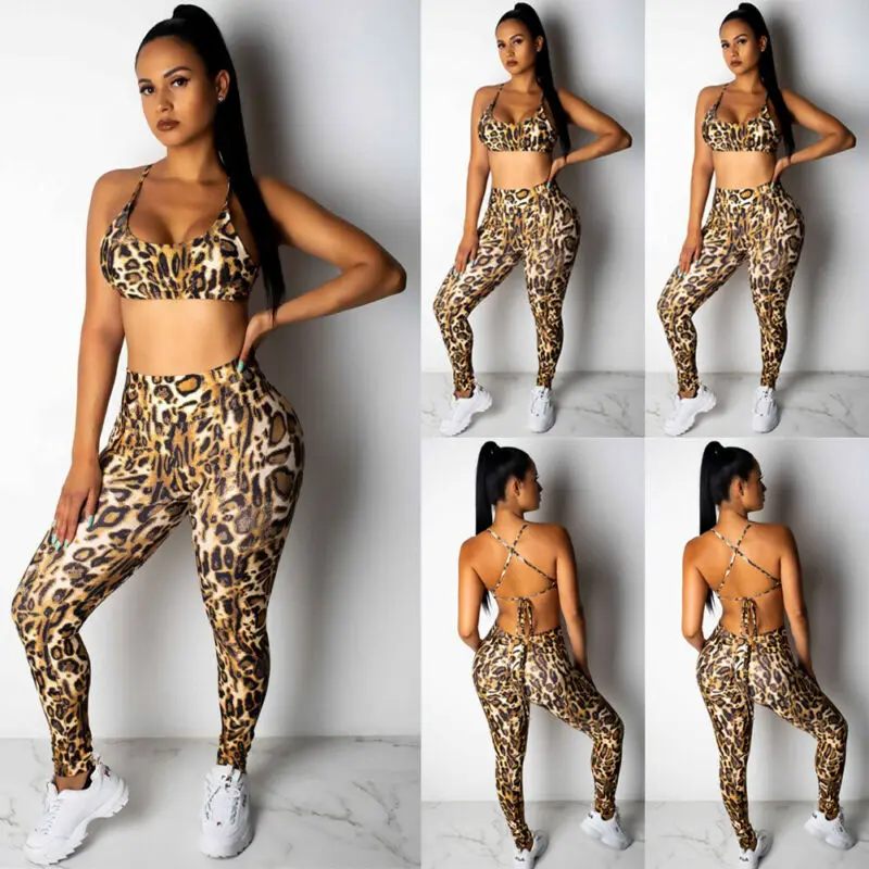 

Workout Clothes For Women Yoga Set Gym Set 2pcs/set Leopard Sports Suit Crop Tops Pants Outfit Yoga Workout Tracksuit