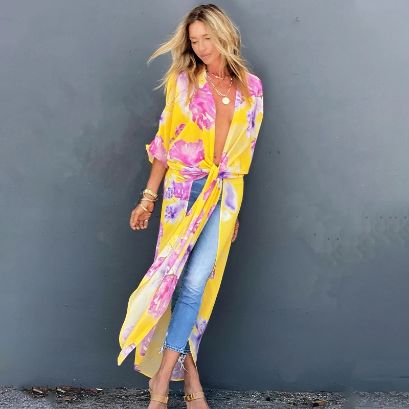 Bikini Cover-ups Boho Print Self Belted Long Sleeve Kimono Dress Tunic Women Summer Clothes Beach Wear Swim Suit Cover Up A1013 long beach dresses