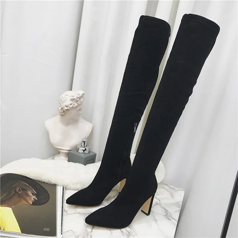 Boussac/эластичные облегающие ботфорты из искусственной замши; женские пикантные ботфорты с острым носком; зимняя женская обувь на высоком каблуке; SWE0677 - Цвет: black