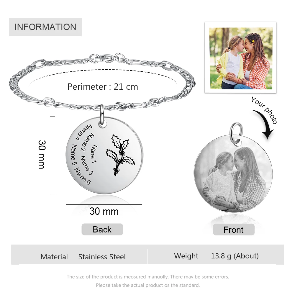 JewelOra Personalized Birth Flower Bracelets for Women Stainless Steel Custom Photo Engraved Names Chain Bracelet Gifts for Her