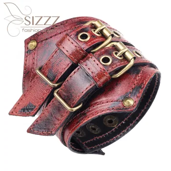 

SIZZZ 2019 Rock Vintage Two Layer Leather Men's Wide Leather Bracelet&Bangles