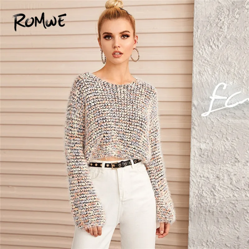 

ROMWE Multi Boucle Knit Crop Sweater Casual Round Neck Long Sleeve Sweater Spring Fall 2019 Womens Clothing Jumper Pullover