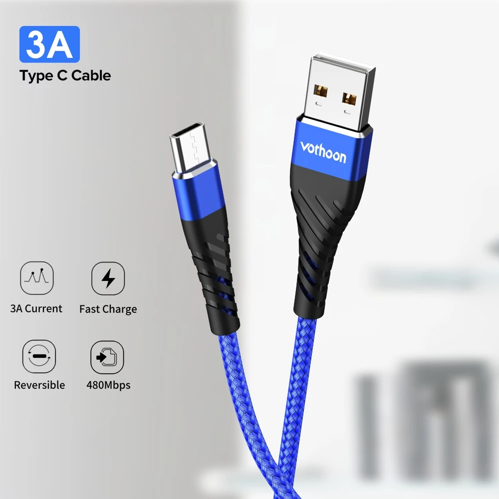 Vothoon 3A Быстрая зарядка type C USB кабель для samsung S10 Xiaomi Redmi Note 7 type C кабель для зарядки мобильного телефона USB C кабель