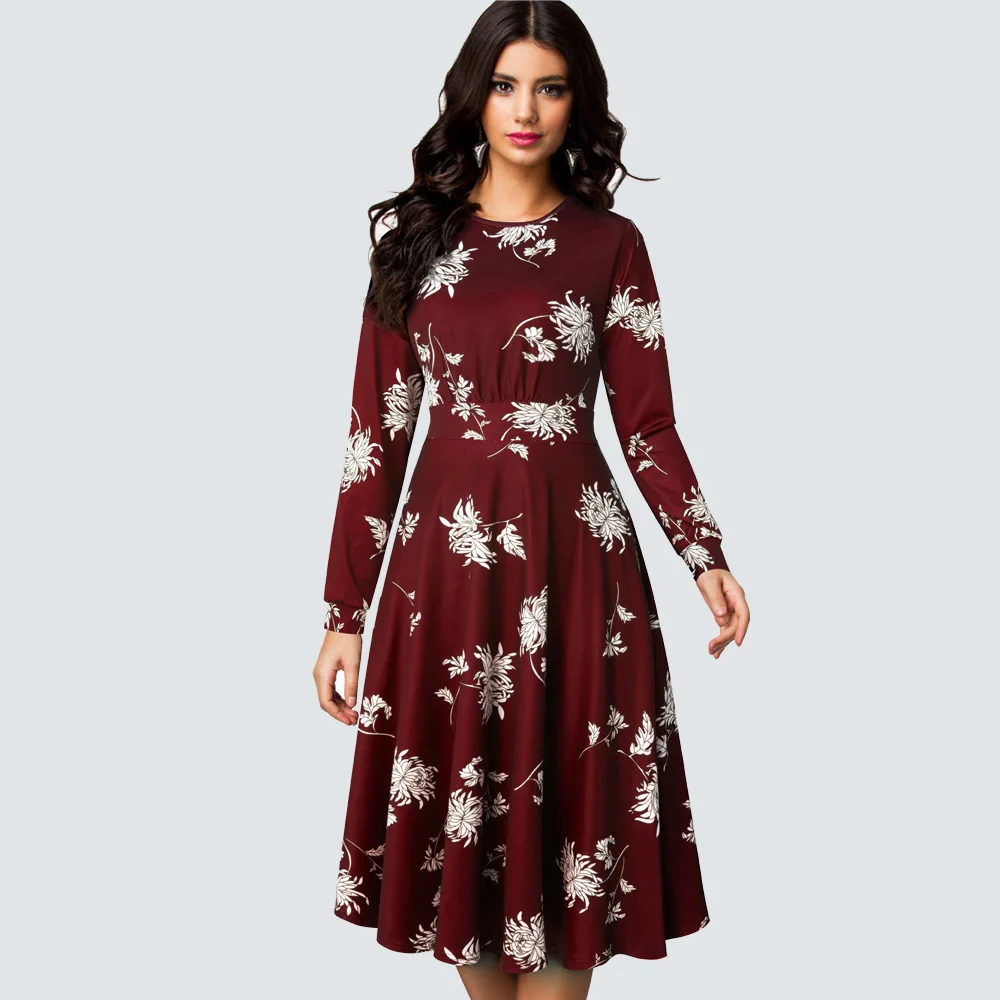 Dark Red Long sleeve Винтажное женское платье трапециевидной формы с цветочным принтом, элегантные летние вечерние плиссированные платья HA102 - Цвет: Dark Red Long sleeve