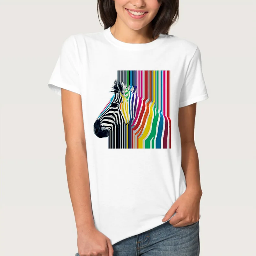 

Rainbow Zebra Design T-Shirt Beautiful Animal Print Tops White Cute Cool Tee Shirt 2019 New Summer Fashion Women's T-shirt