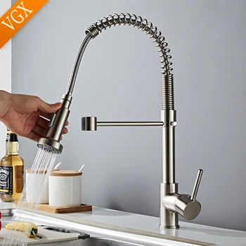 VGX Kitchen Faucet with Pull Down Sprayer Single Handle Mixer for Basin 360° Rotating Spring Style Taps Brass Chrome Gold Black 2