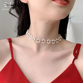 

EN White Flower Pearl Choker Necklaces For Women Bow Heart Necklace Fashion Gold Pendant Chain Necklace Korea Jewelry Gifts