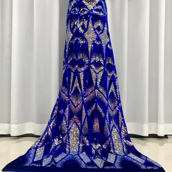 

Latest African lace fabric 2020 High Quality Velvet Lace With Sequins royal Blue Nigerian Lace Fabrics For Wedding dress 5yards