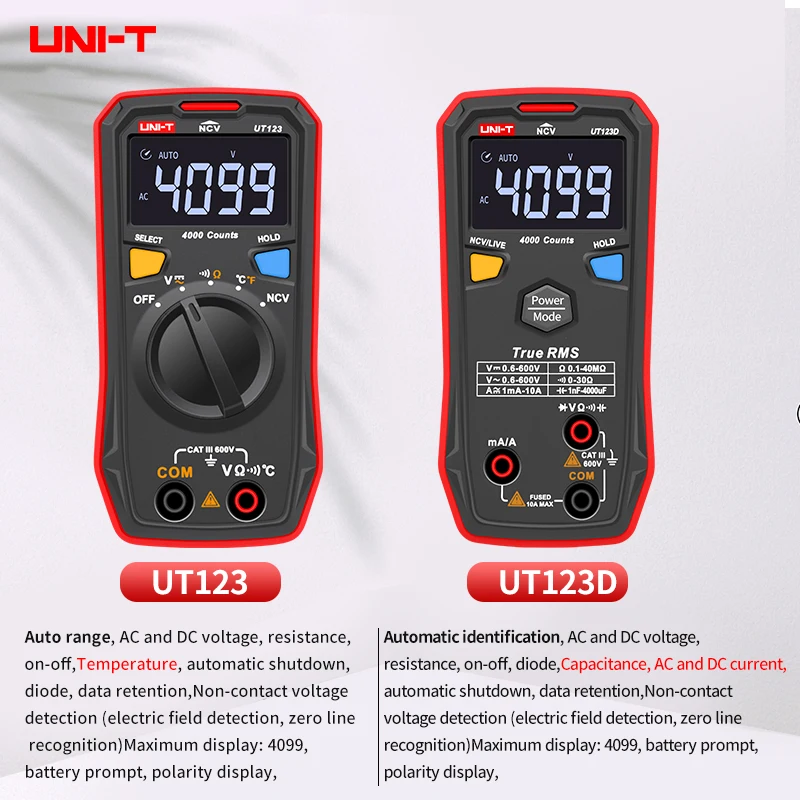 UNI-T UT123 Mini Digital Multimeter;AC DC Voltage meter;Resistance(Ohm) Temperatue tester;NCV/Continuity Test/EBTN Color Screen