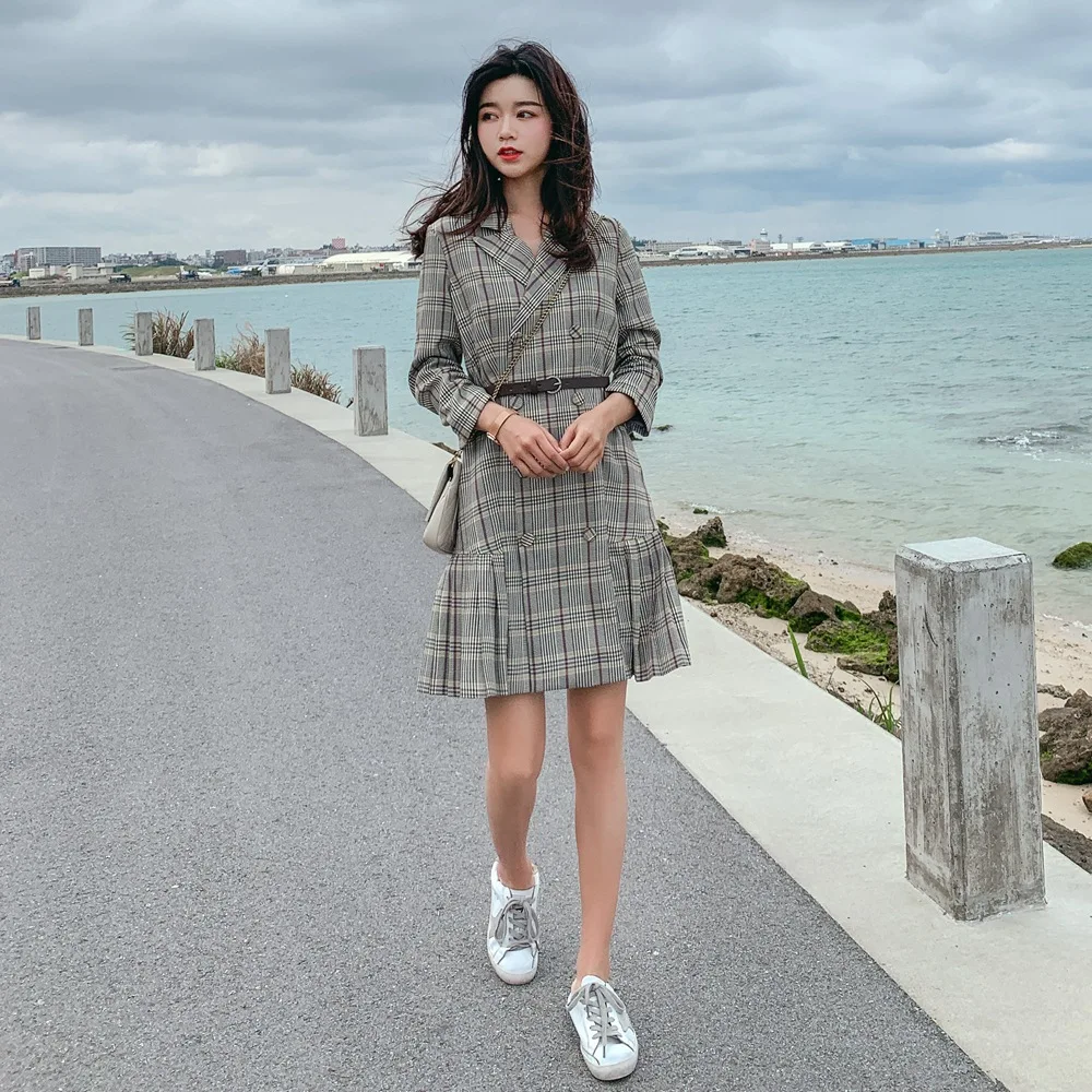 

Photo Shoot 2019 Spring New Style Korean-style WOMEN'S Wear Retro British Style Mid-length Double Breasted Suit Collar Pleated D