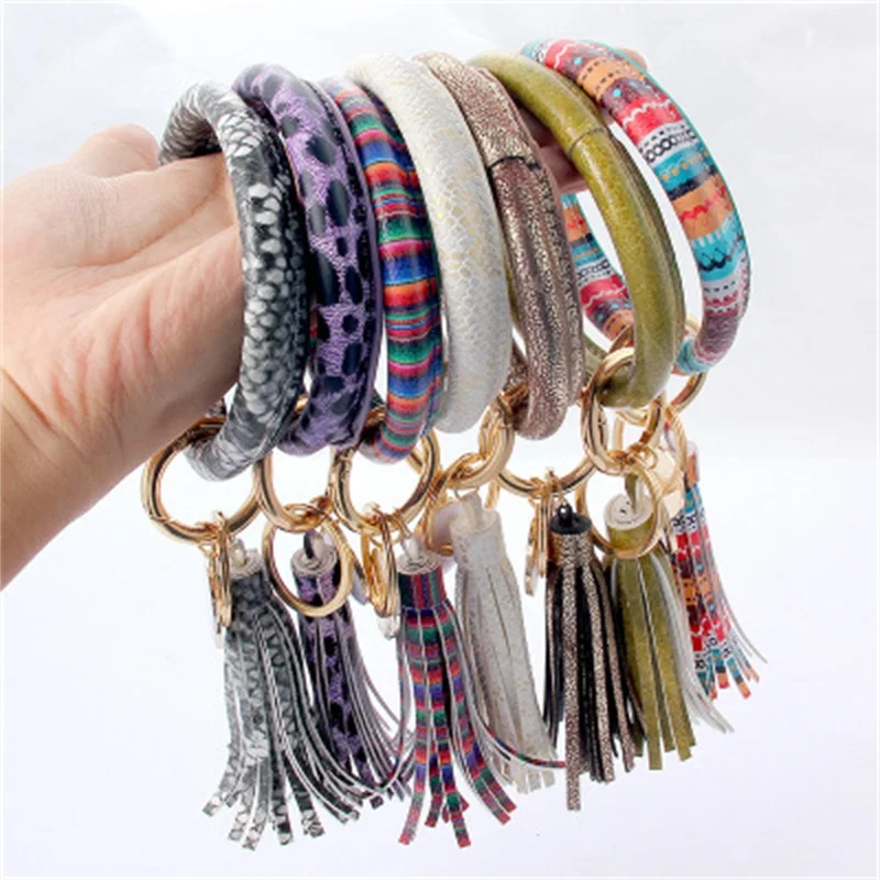 ZG New PU Leather O Bracelet KeyChains Circle Cute Same Color Tassel Wristlet Keychain Wholesale Women Girls