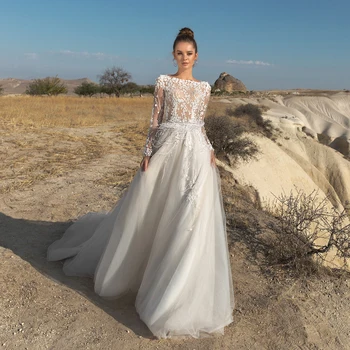 

Sexy See-through A Line Wedding Dresses Scoop Neck Long Sleeves Feathers Applique Tulle Robe Mariee Bridal Dress