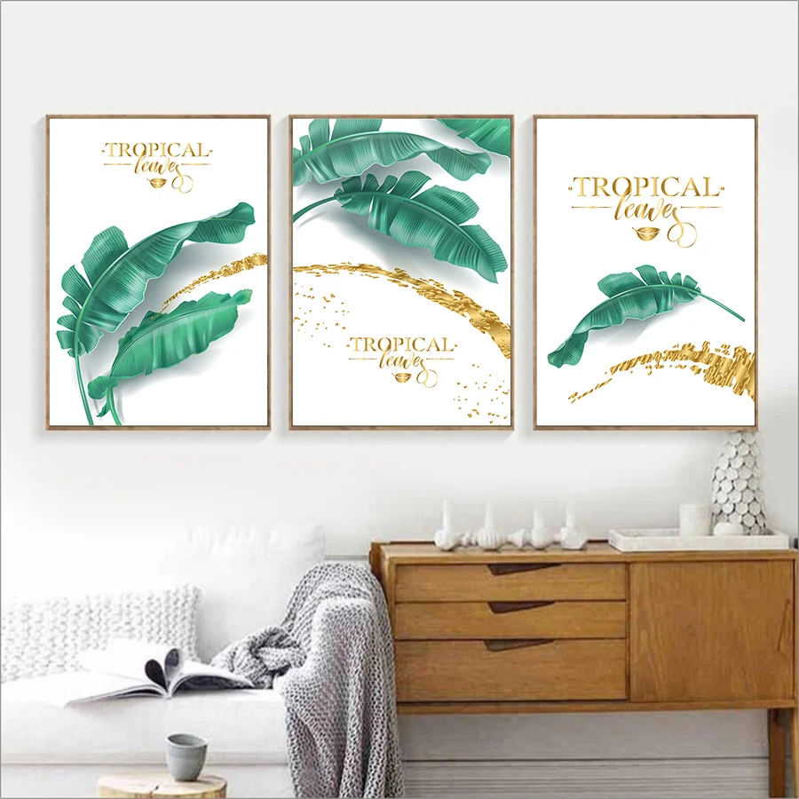 

Abstract Livingroom Picture Pop Art Watercolor Banana Leaf Poster and Print Green Gold Painting Modern Luxury Canvas Decorativos