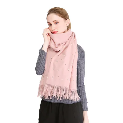 Жемчужный кашемировый шарф для женщин, одноцветная шаль для девушек, зимнее пончо, длинный шарф с кисточками, Женский палантин, шарфы, модный теплый палантин - Цвет: light pink